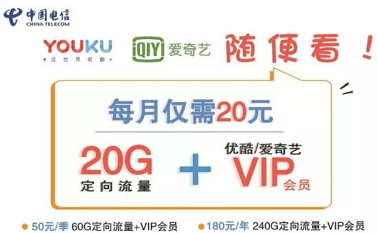南阳电信优酷、爱奇艺视频20G专用流量来了